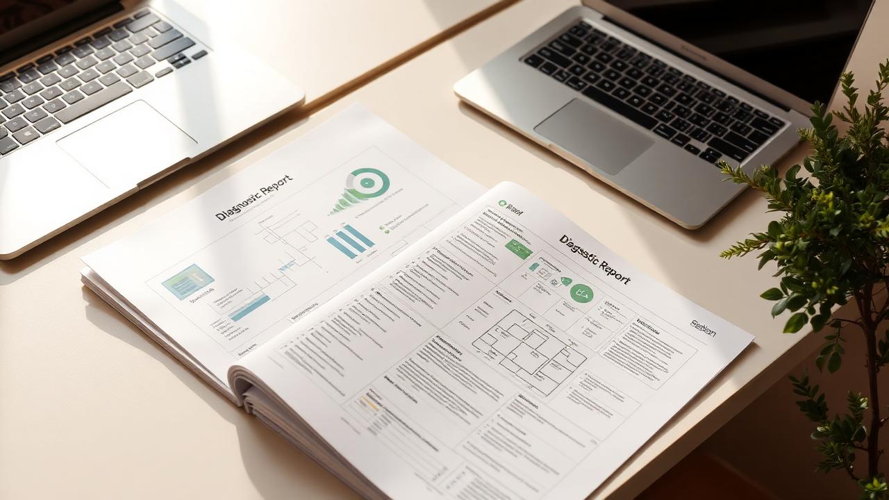 Printed diagnostic report next to a laptop